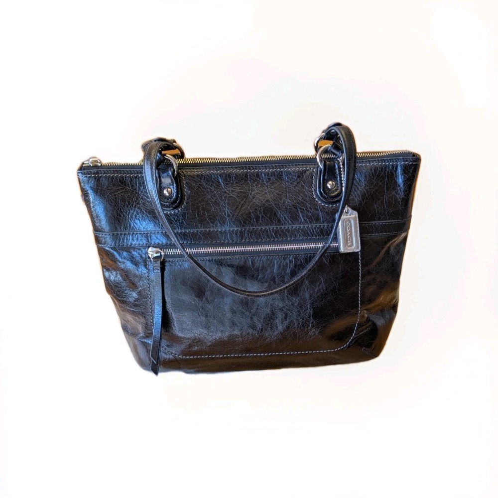 Coach Poppy 19827 Glam Leather Tote Shoulder Bag Purse Black Teal W/Dust Bag